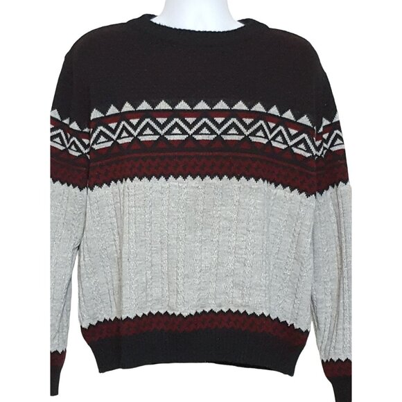 Vintage 80s Rob Winter Mens Nordic Fair Isle Sweater Gray Blue Maroon - Picture 3 of 4